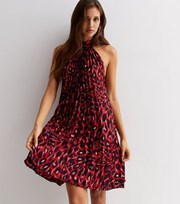 New Look Red Leopard Print Satin Pleated Mini Halter Dress